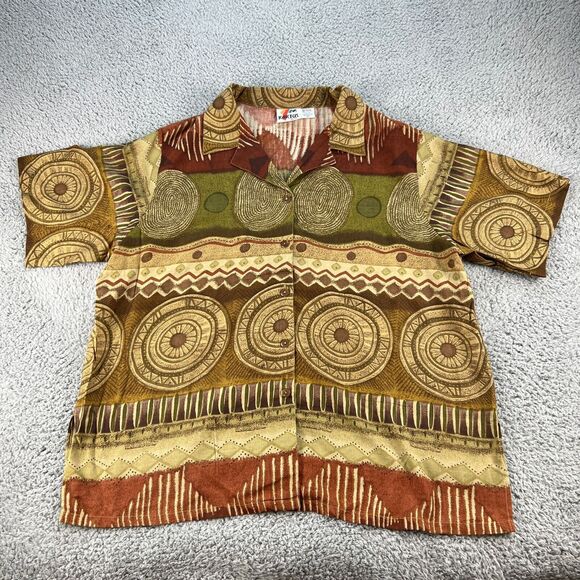 Kaktus Plus Shirt Womens 2X Linen Blend Polynesian Pattern Print Collared Button - Picture 1 of 9